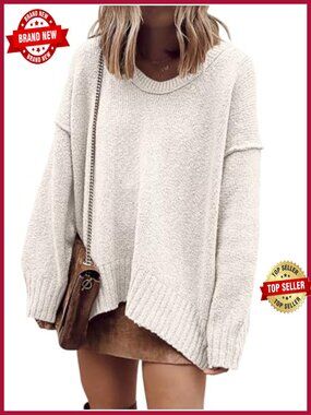 Oversized Scoop V Neck Batwing Sleeve Sweater Pullover High Low Hem